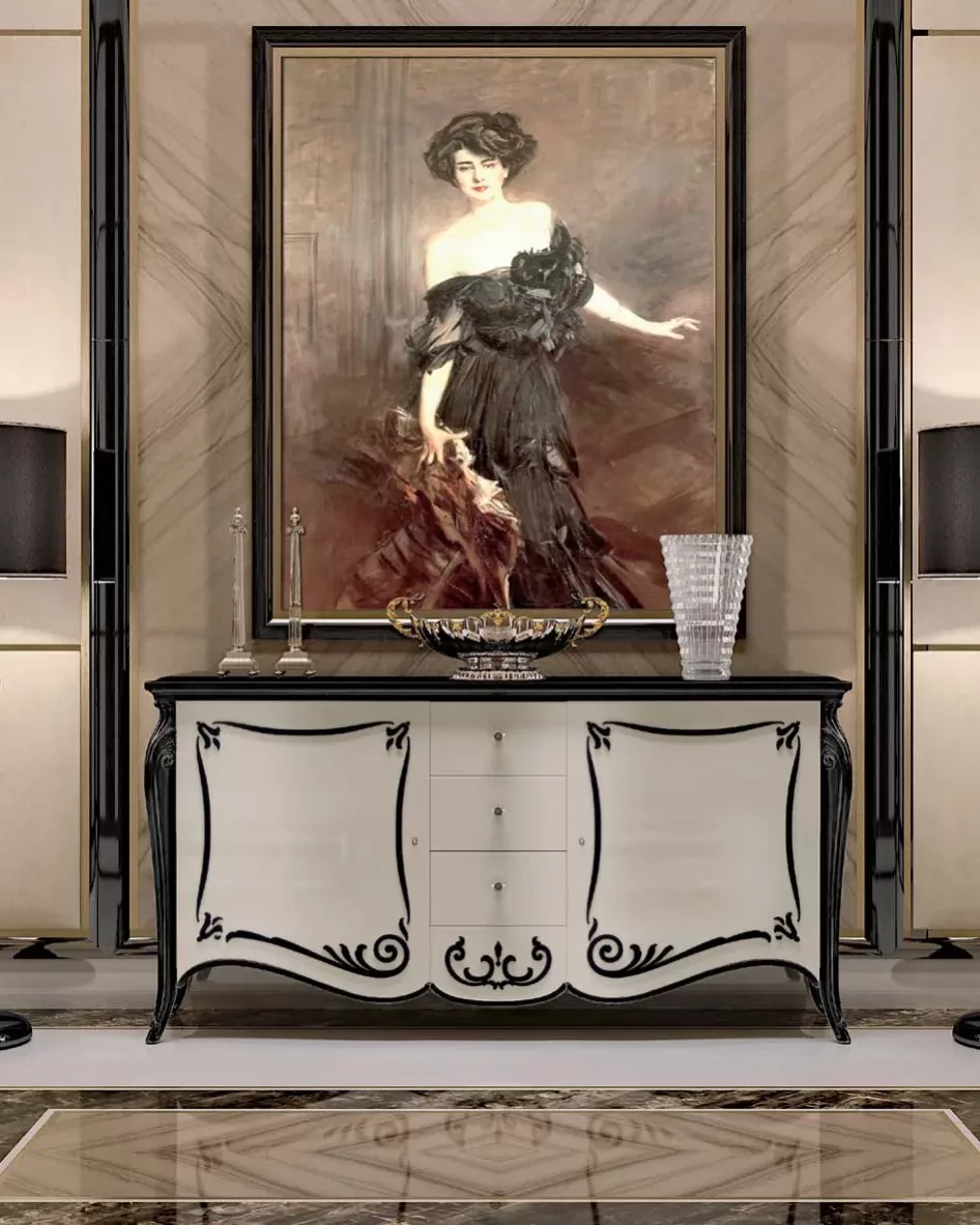 Opera Shaped Sideboard, Carved "B" Decoration, 2 Doors 3 Drawers, Opera hand-carved furniture by Francesco Pasi