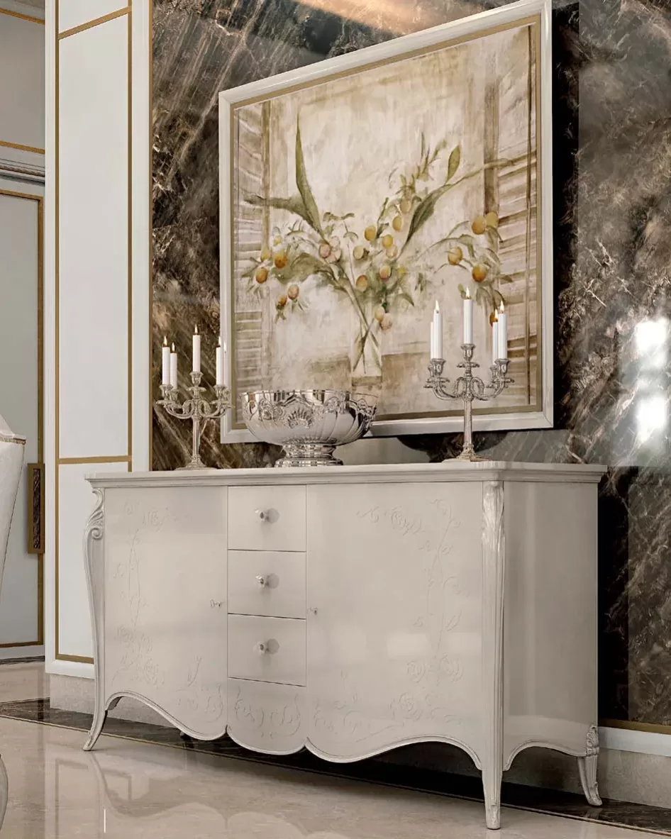 Opera Shaped Sideboard, Carved B Decoration, 2 Doors 3 Drawers by Francesco Pasi, carved dining room set