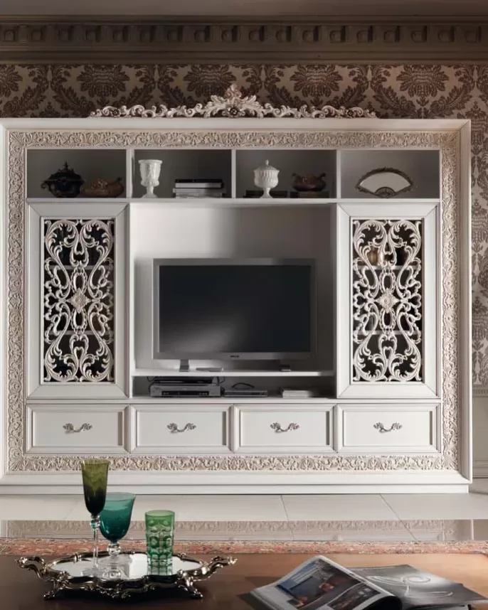 Gran Guardia Carved Wall Unit with Pierced Doors by Francesco Pasi, to pair with a tufted sofa