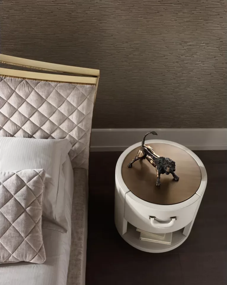 Valentino luxury bed by Cantori with quilted upholstered headboard, shown in a master bedroom interior