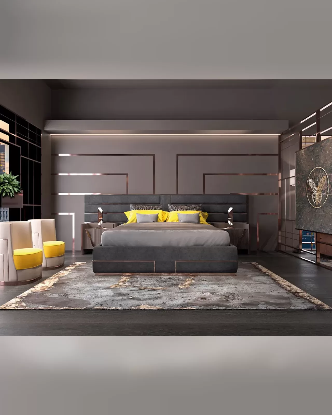 Mochi bed by Epoque with steel inserts on the headboard and a steel-covered base in a contemporary bedroom