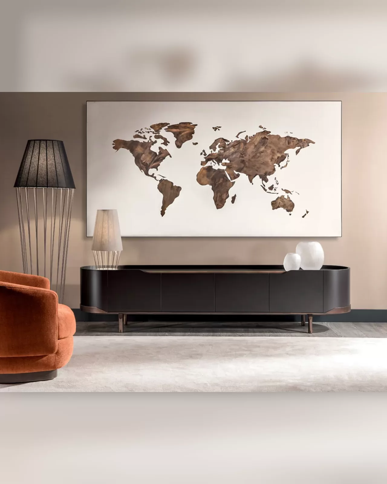 Oasi TV unit by Cantori, 241 cm wide, with the finish and top you choose, luxury media furniture
