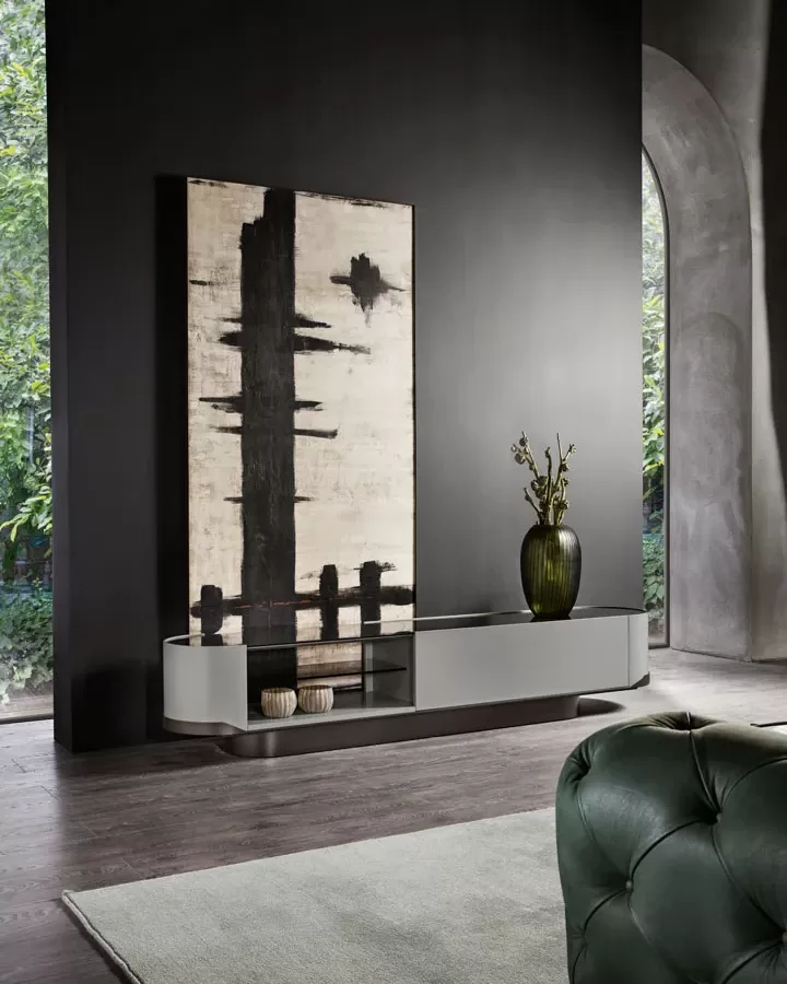 Gregory TV unit by Cantori, 241 cm low media console shown in an elegant contemporary living room