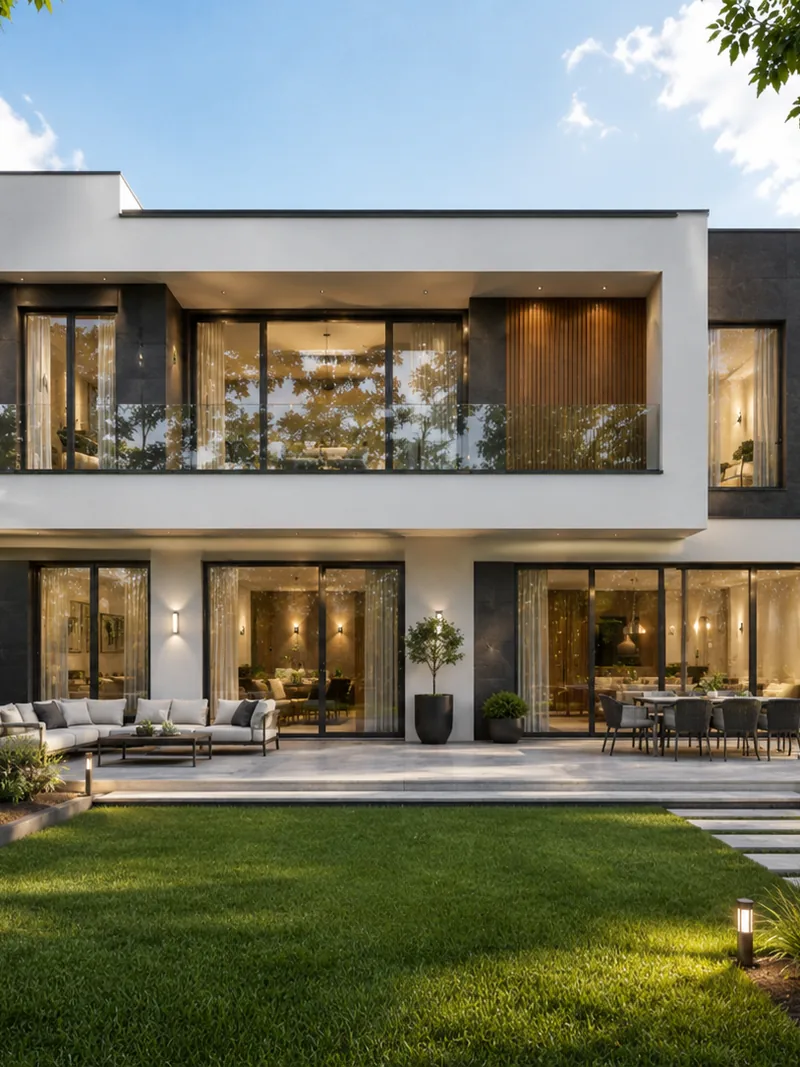 Modern house facade with white render, dark stone, full-height glazing and a first-floor terrace