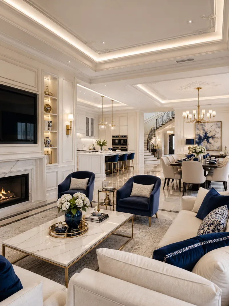 Classic living room with a marble fireplace, navy velvet armchairs and an open-plan kitchen with a brass chandelier