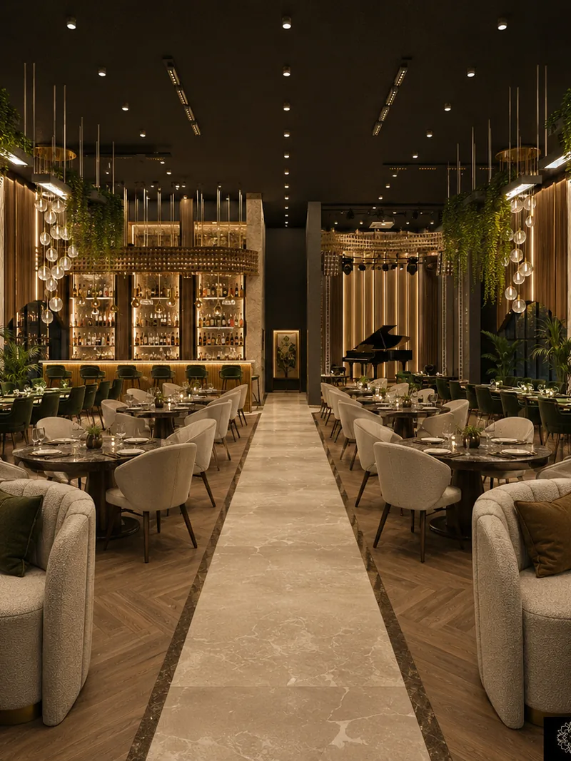 Restaurant dining room with a backlit bar, clustered pendant lights, hanging greenery and a grand piano
