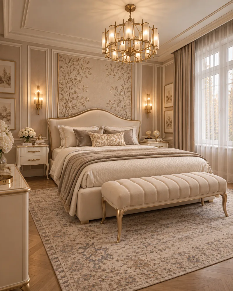 Master bedroom design with ivory curved headboard, gold-legged bench and framed botanical prints