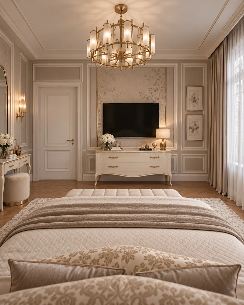 Bedroom TV wall with an ivory dresser on cabriole legs, a vanity with stool and a botanical panel