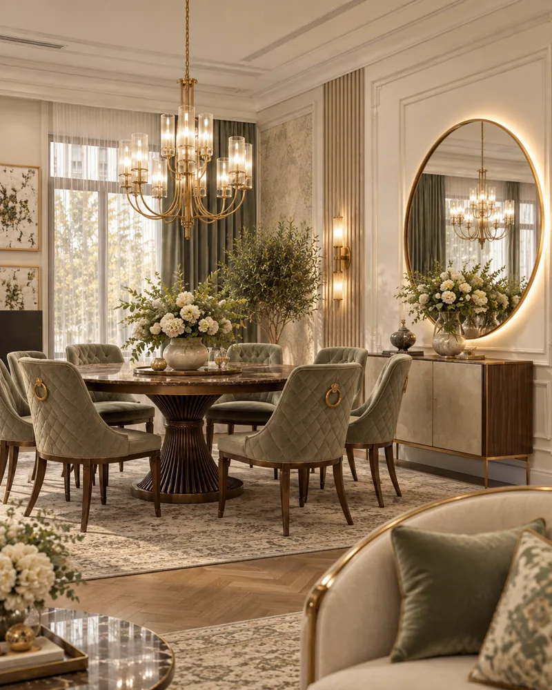 Dining room with a round walnut pedestal table and quilted sage chairs with brass rings, classic luxury interior
