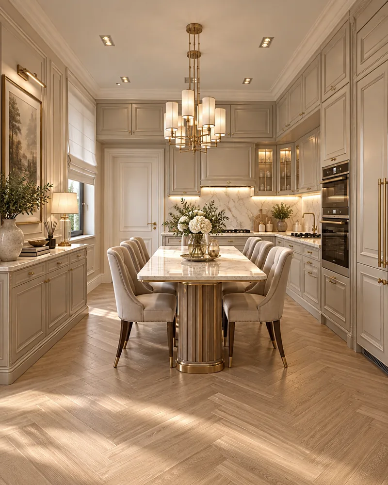 Kitchen with a marble-top dining table on a fluted brass pedestal and tiered chandelier, luxury home interior