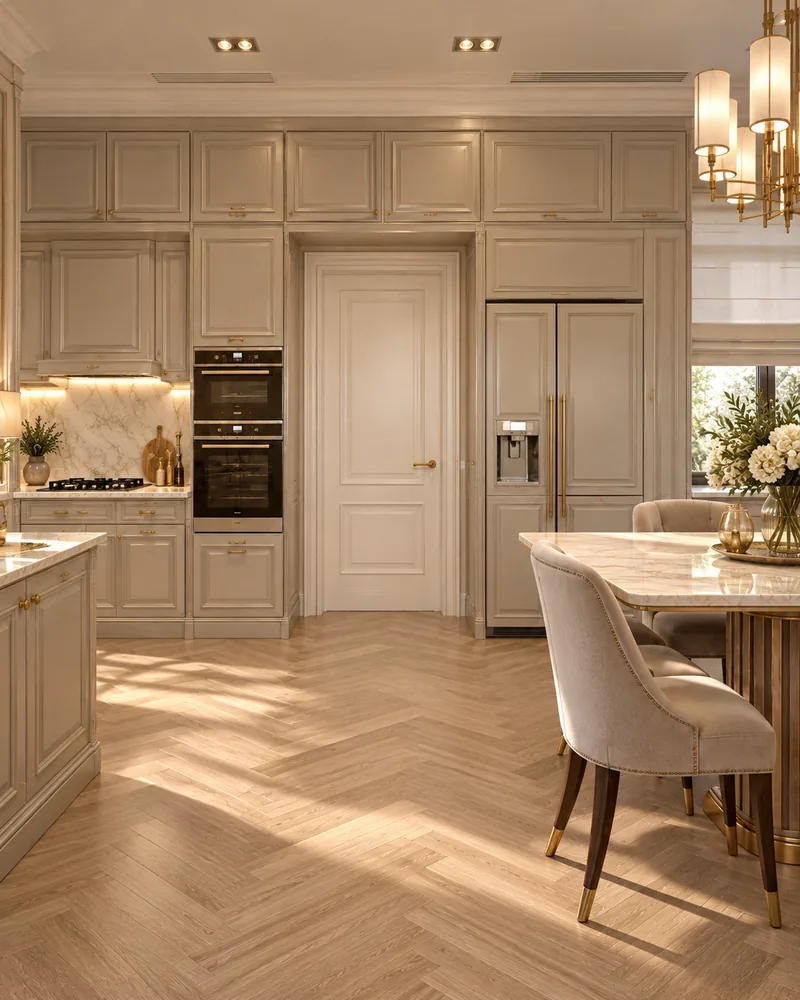 Kitchen wall of greige tall cabinets with double ovens and an integrated fridge-freezer