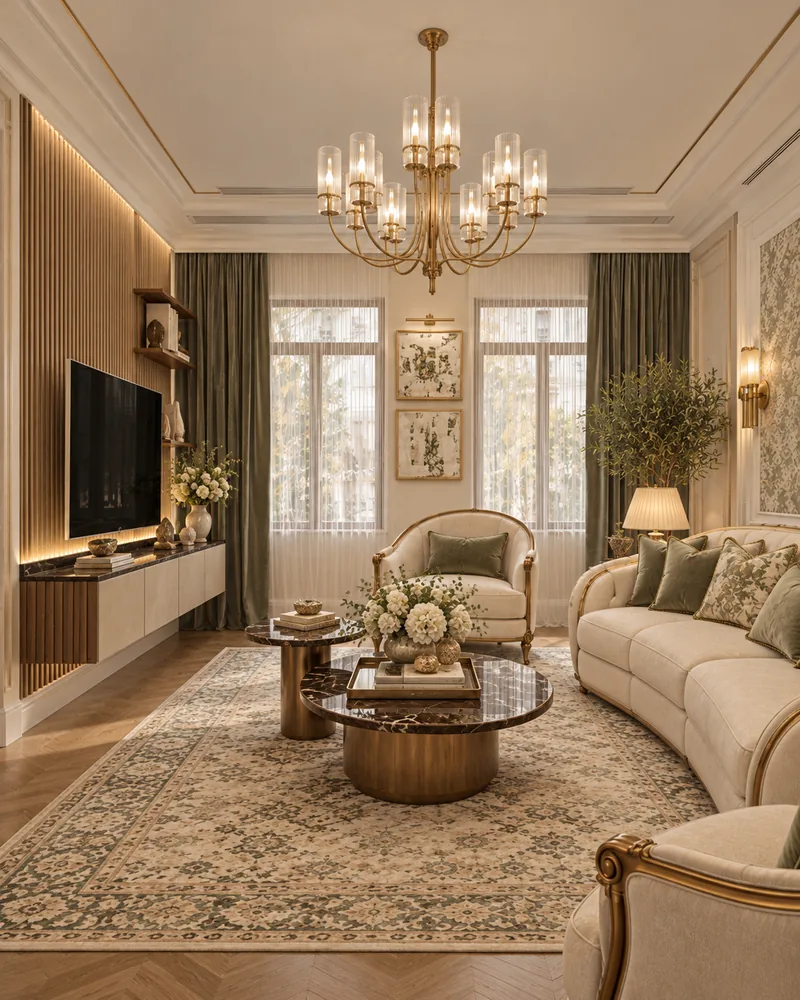 Living room design with a floating TV console on a backlit fluted wood wall and marble drum tables