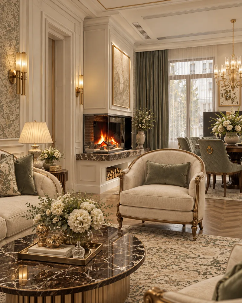 Living hall interior design with a dark marble fireplace, gilt-trimmed armchair and a dining area by the window