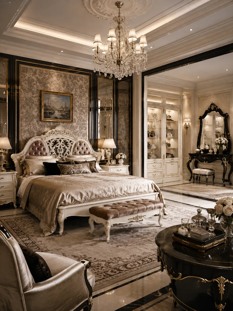 Classic master bedroom with carved upholstered bed, damask wall panels and a black lacquer dresser