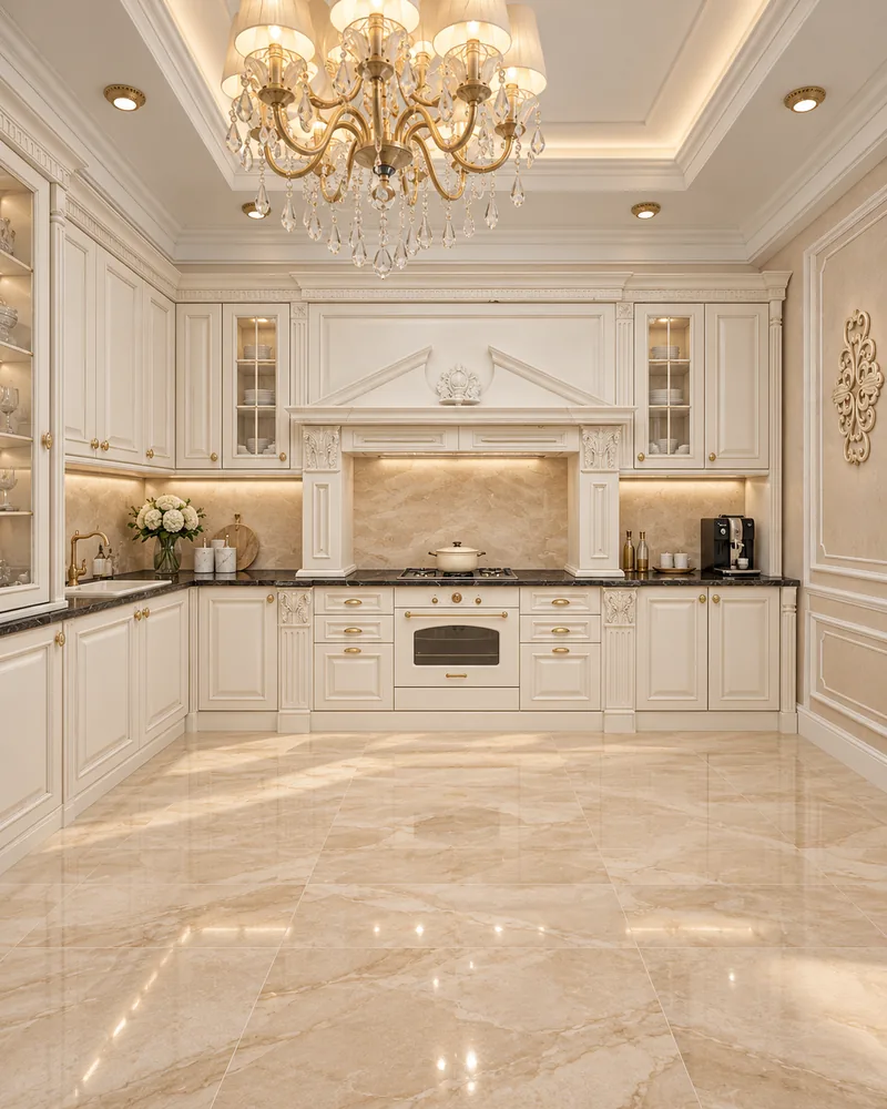 Classic kitchen interior design with ivory cabinetry, carved hood surround and a range cooker