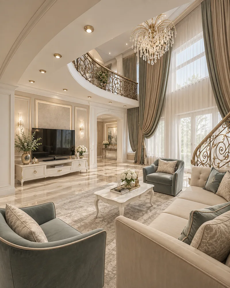 Luxury living room interior with a gallery balcony, full-height sage curtains and a cascading crystal chandelier