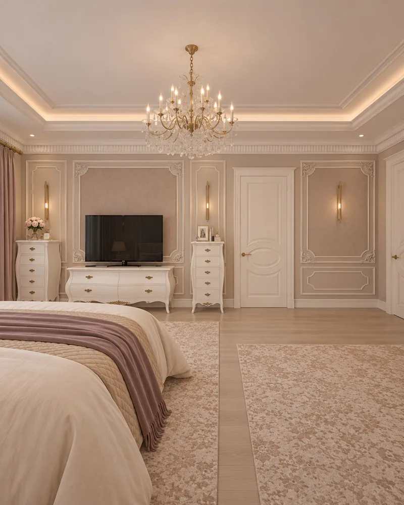 Master bedroom TV wall with a white bombe dresser, tall chests, taupe moulded panels and brass sconces