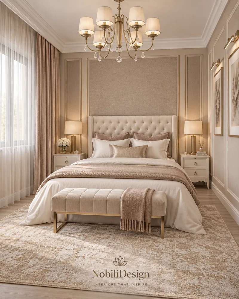Guest bedroom interior design with ivory tufted headboard, textured wall panel and velvet bench