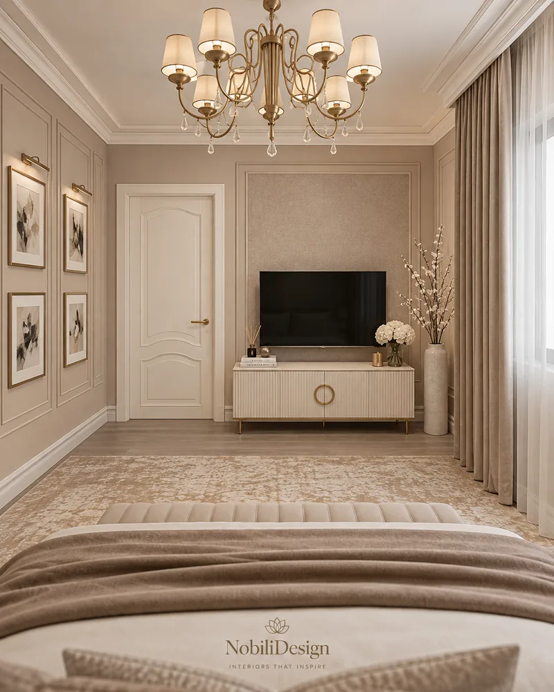 Classic bedroom TV wall with a fluted ivory console, gold ring handles and picture-lit prints