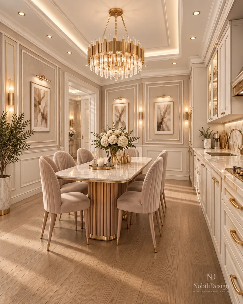 Kitchen dining area with blush channel-back chairs, marble-top pedestal table and brass sconces