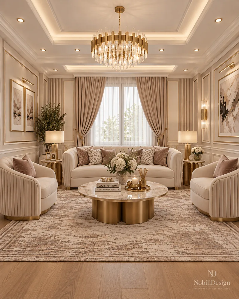 Living room design with a curved sofa, scalloped gold coffee table, armchairs and panelled walls