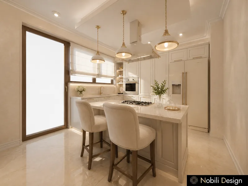 Luxury kitchen island design with cream upholstered bar chairs, marble top and panelled ivory units