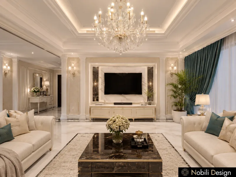 Classic living room interior design with ivory tufted sofas, marble TV wall and dark marble coffee table