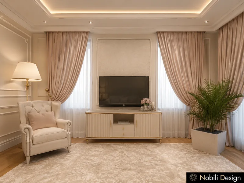 Luxury bedroom design with a sitting corner, tufted ivory armchair, blush curtains and TV cabinet
