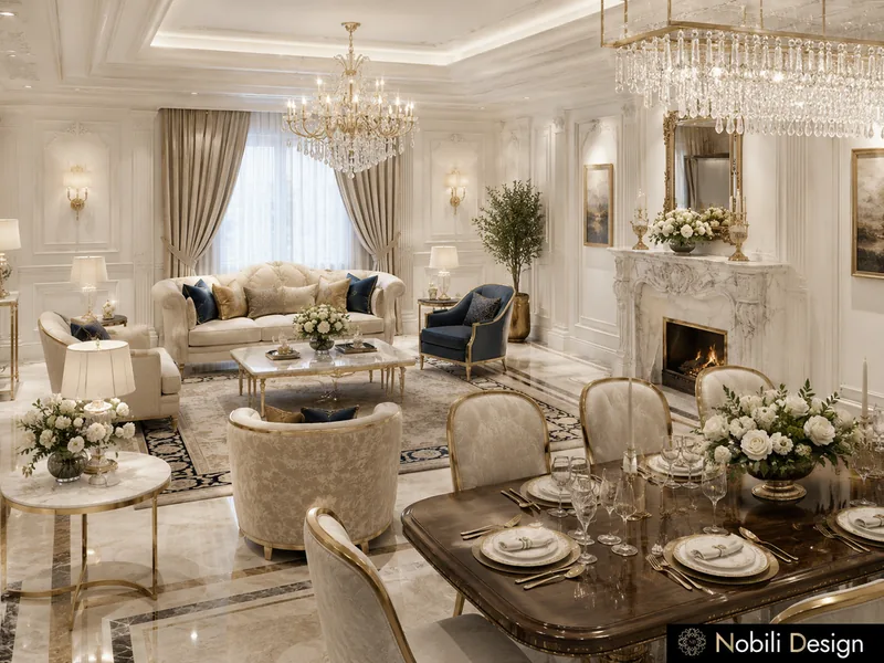 Classic sitting room design with marble fireplace, ivory armchairs and crystal chandeliers by the dining room
