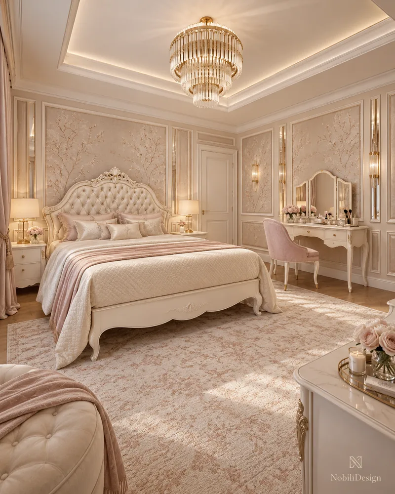 Master bedroom in blush and ivory with a carved tufted bed and blossom wall panels, luxury interiors
