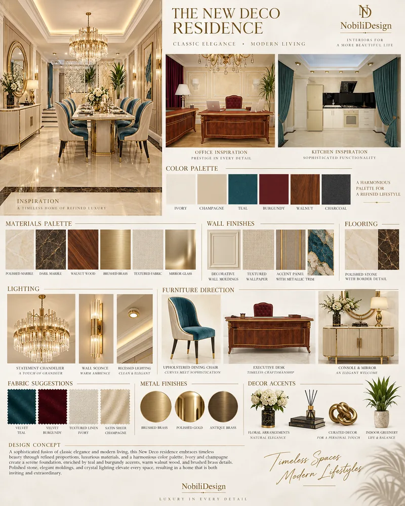 Classic style concept board with office and kitchen references, teal and burgundy palette and finishes