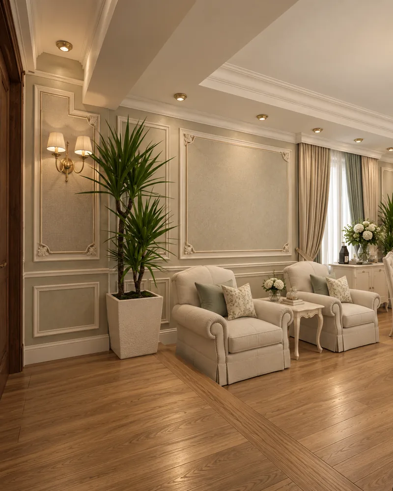 Formal living room corner with two skirted linen armchairs, a carved side table and tall plants