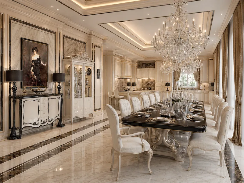 Classic villa dining room with long black table, carved ivory chairs, display cabinets and chandeliers