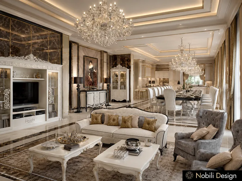 Luxury living room design open to the dining room, with carved coffee tables and crystal chandeliers