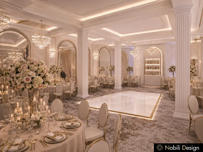 Event hall interior design with table bays between columns, tall rose arrangements and gold chairs