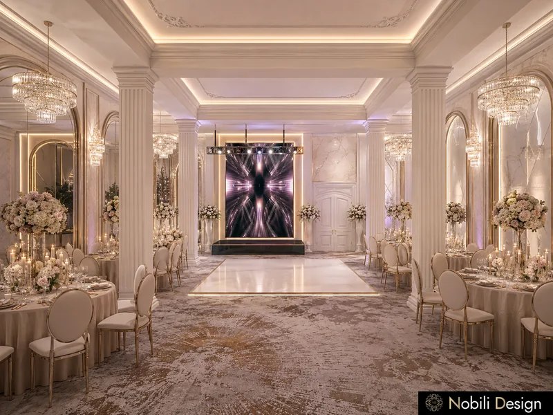 Wedding hall stage with a lit screen wall in a gilded arch at the end of the dance floor