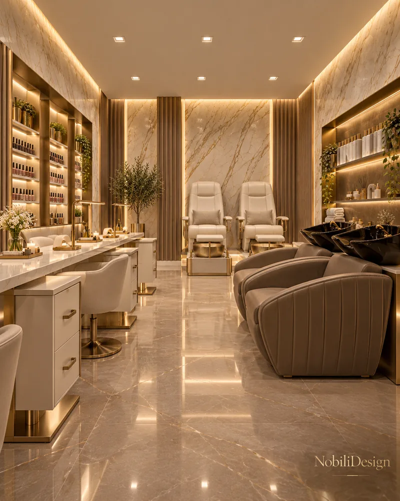 Salon floor with manicure counter, two white pedicure thrones and taupe shampoo chairs with black basins on marble floor
