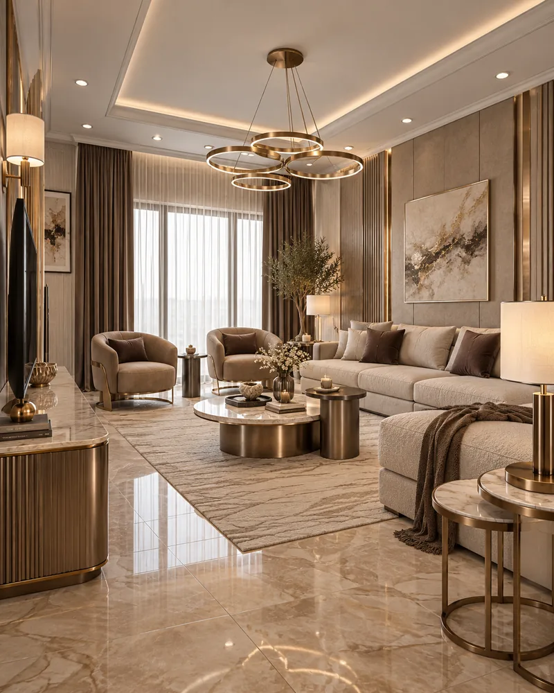 Contemporary living room with two curved armchairs by full-height windows and a fluted media console
