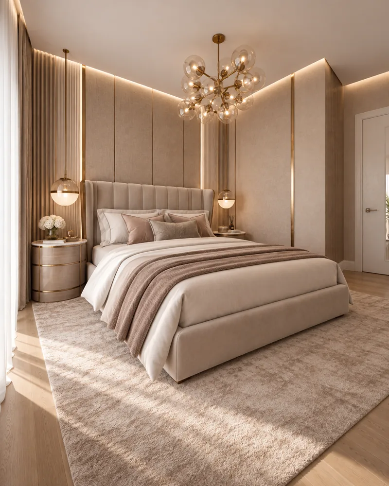 Master bedroom design with an upholstered bed, drum nightstand, globe pendant and backlit fluted panels