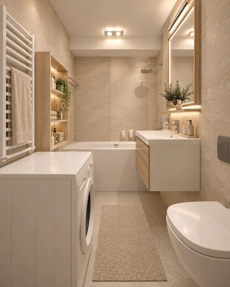Bathroom with front-loading washer, white towel radiator, oak niche shelves, bathtub, floating vanity and WC