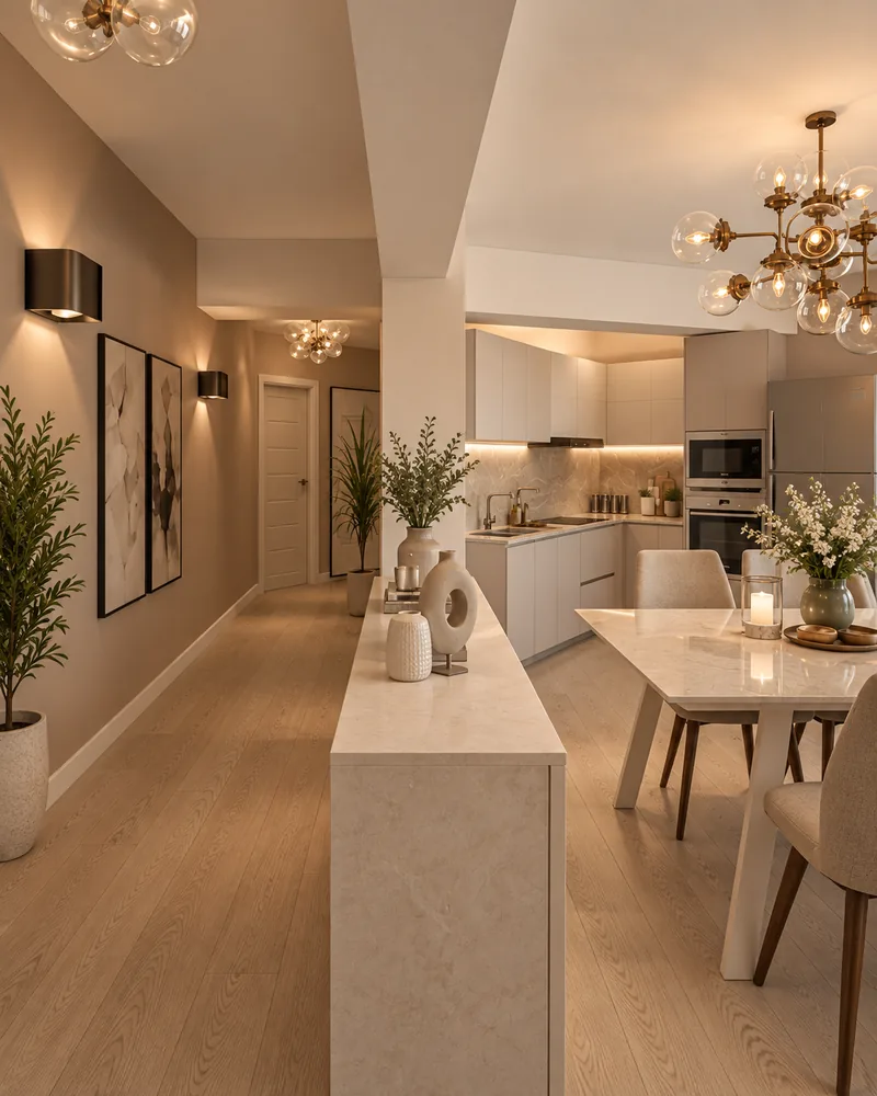 Kitchen and dining design with a stone-clad partition console, black wall sconces and framed art