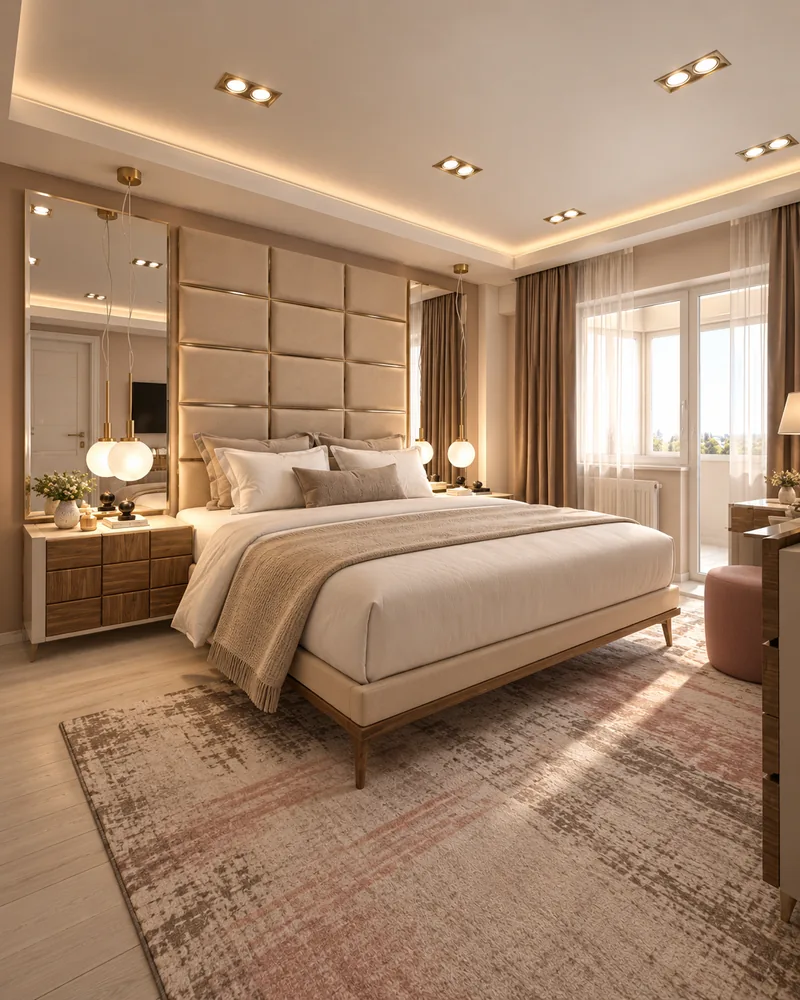 Master bedroom interior design with padded headboard wall, tall mirrors and ribbed walnut nightstands