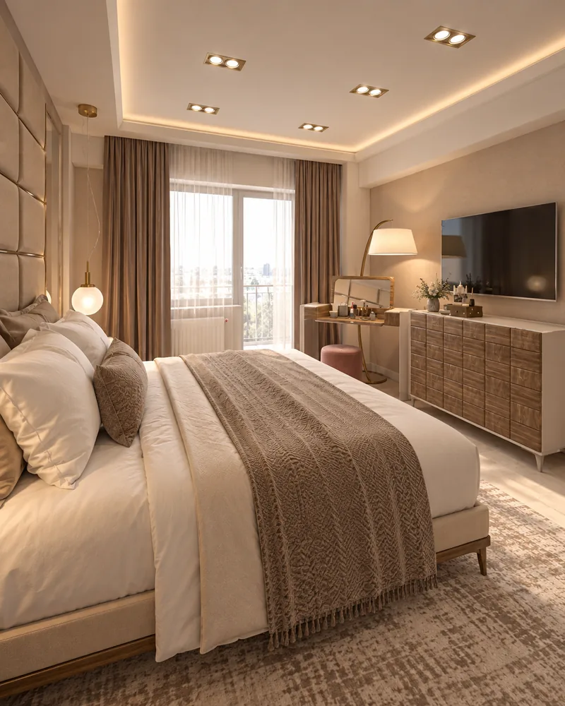 Contemporary bedroom design with full-height upholstered headboard wall and glass globe pendant