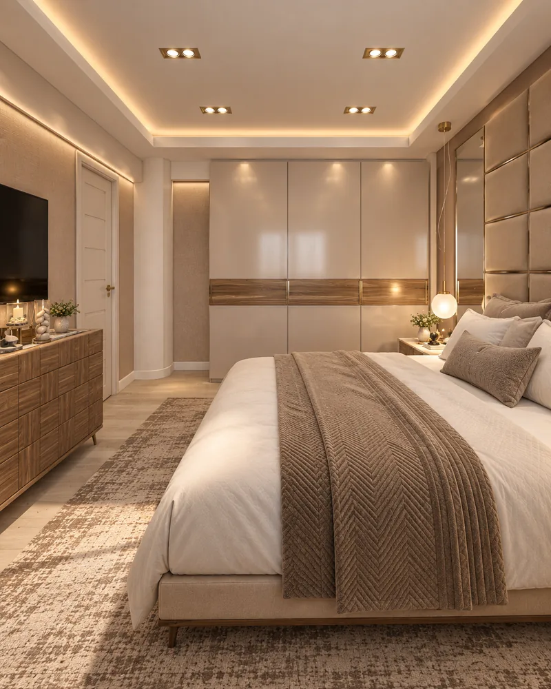 Bedroom with a cream gloss sliding wardrobe with walnut band and a ribbed walnut dresser