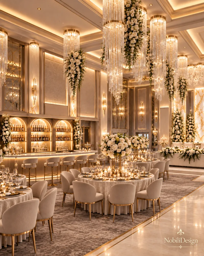 Banquet hall bar with arched backlit bottle niches, marble counter and cream bar stools