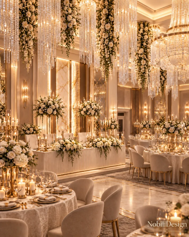 Luxury banquet hall head table with fluted front, white roses, gold candelabra and crystal strand chandeliers