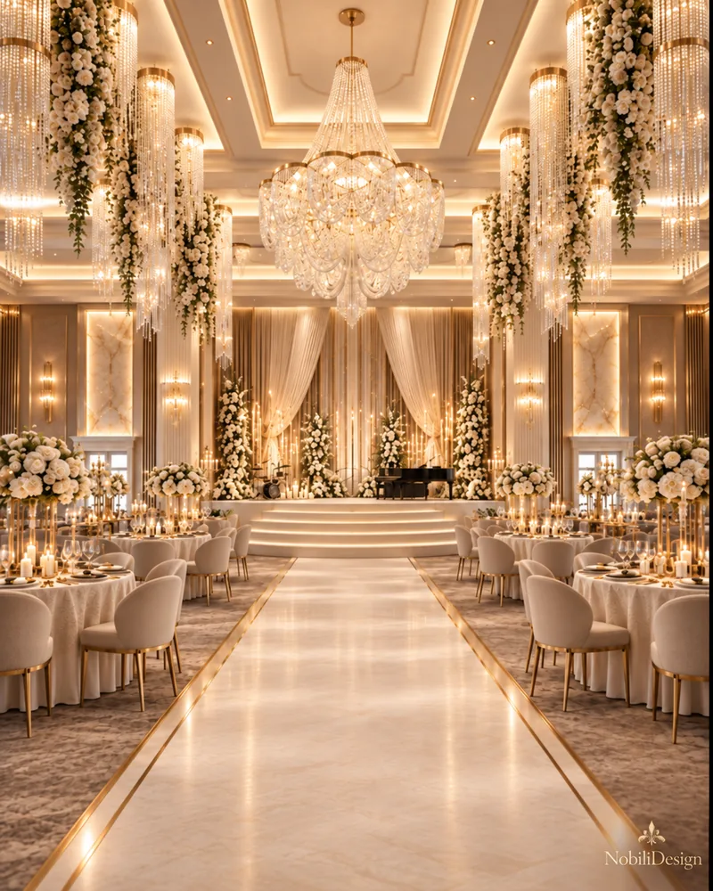 Wedding venue stage with stepped platform, grand piano and floral towers at the end of a polished marble aisle