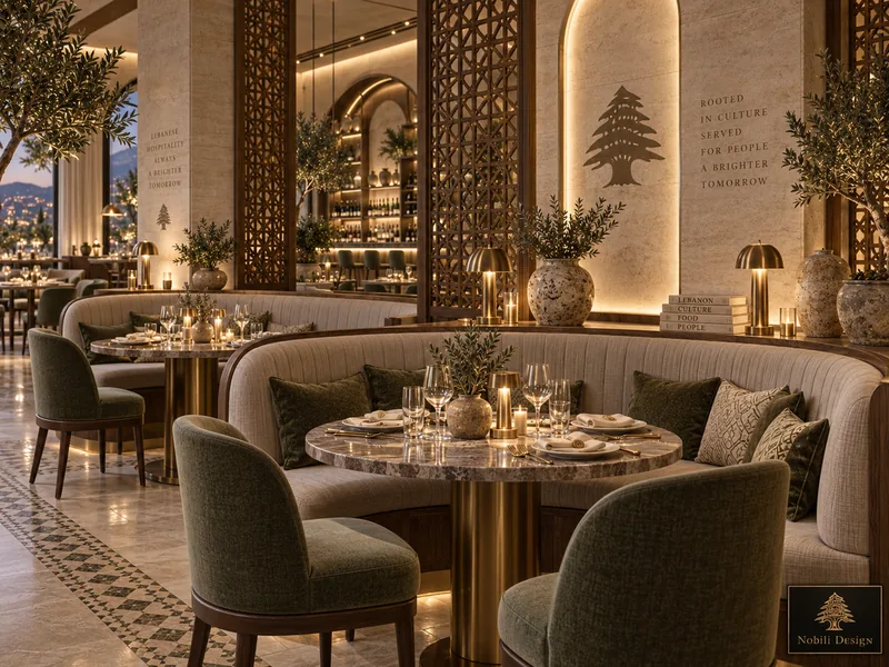Contemporary restaurant design detail: curved booth, marble table on brass base, walnut screen