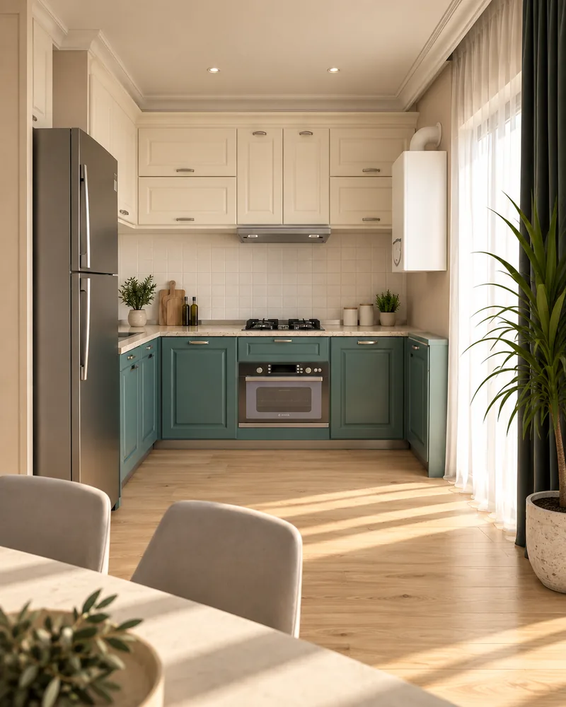 Modern apartment kitchen in a U layout with petrol-green shaker cabinets and cream upper units