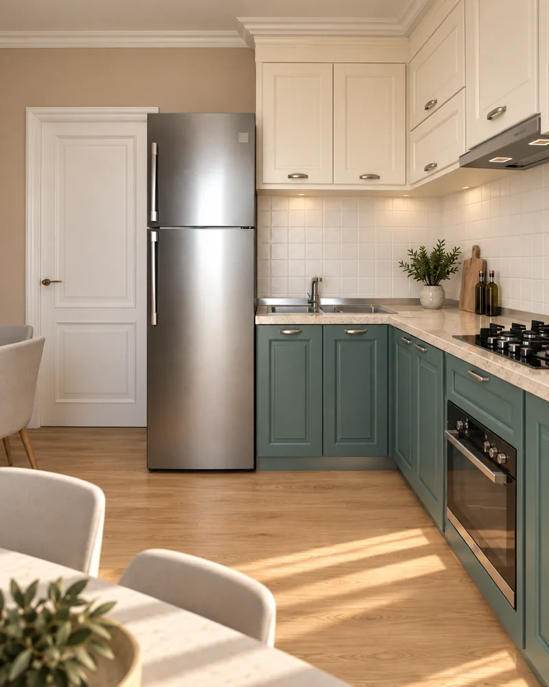 Kitchen design with petrol-green shaker base units, cream wall cabinets and beige stone worktop
